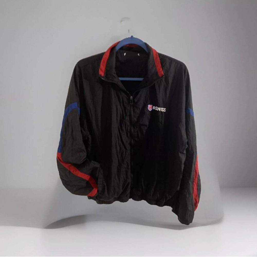 Men’s Sz M K-Swiss windbreaker Jacket Black Vintage Al embroidered